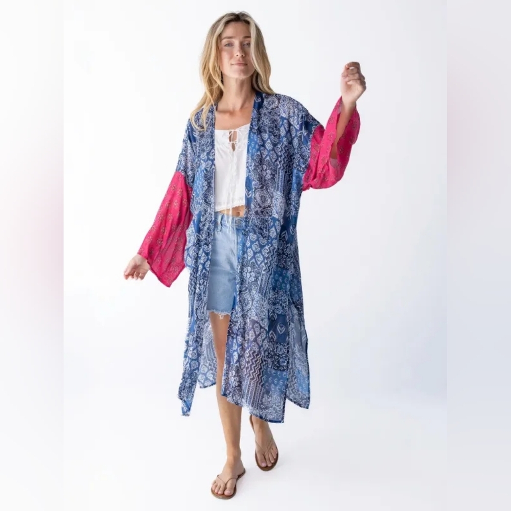 Natural Life Sierra Kimono Navy Red Medallion Boho Kimono Coverup - Picture 1 of 3